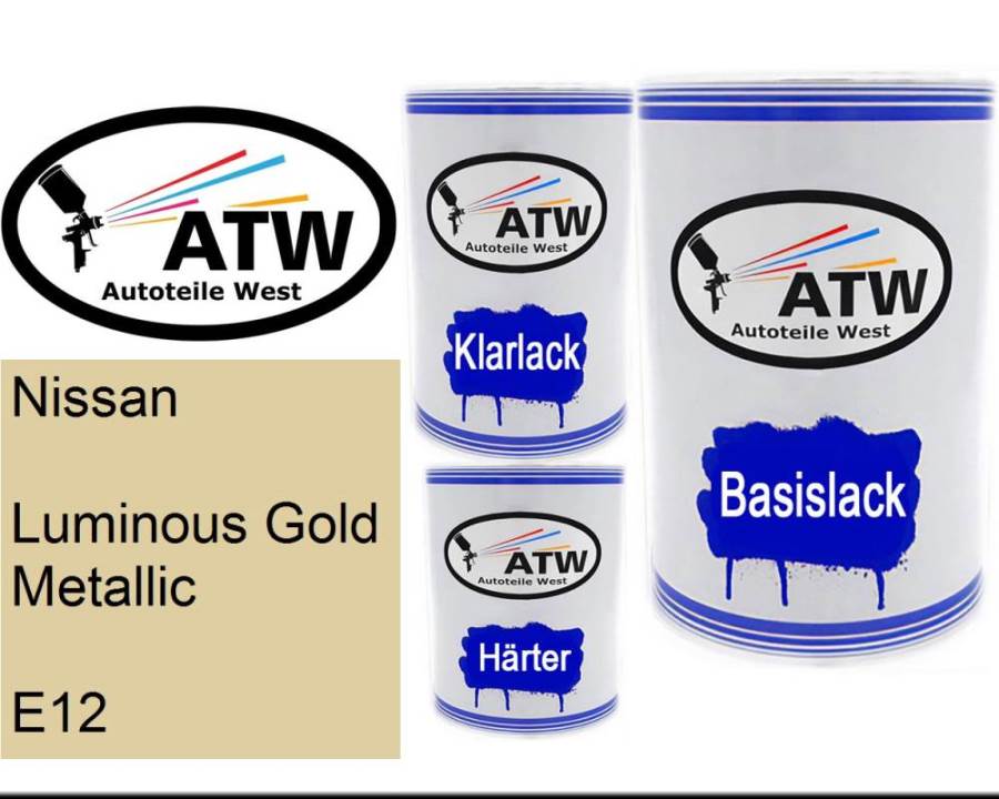 Nissan, Luminous Gold Metallic, E12: 500ml Lackdose + 500ml Klarlack + 250ml Härter - Set, von ATW Autoteile West.